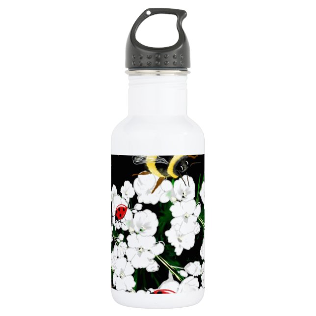 Dramatic Bees ladybugs and white flowers on black 532 Ml Water Bottle (Front)