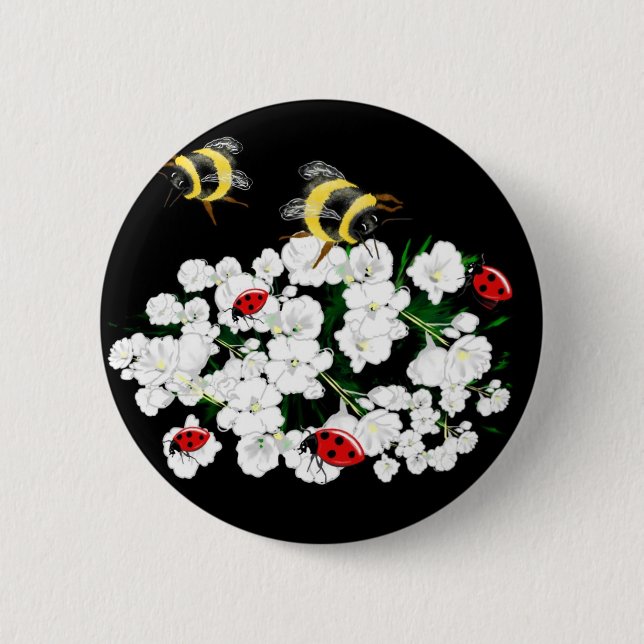 Dramatic Bees ladybugs and white flowers on black 6 Cm Round Badge (Front)