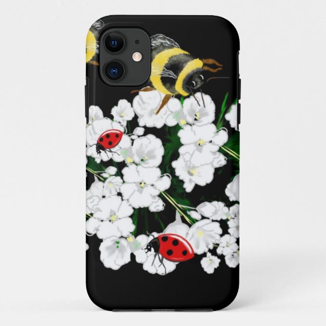 Dramatic Bees ladybugs and white flowers on black Case-Mate iPhone Case (Back)