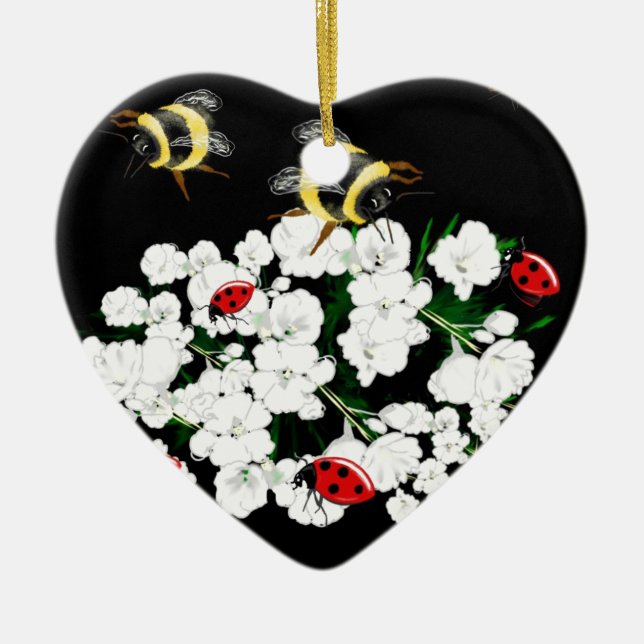 Dramatic Bees ladybugs and white flowers on black Ceramic Tree Decoration (Front)
