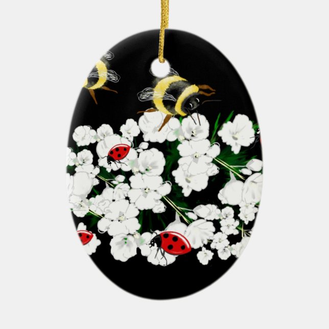 Dramatic Bees ladybugs and white flowers on black Ceramic Tree Decoration (Front)
