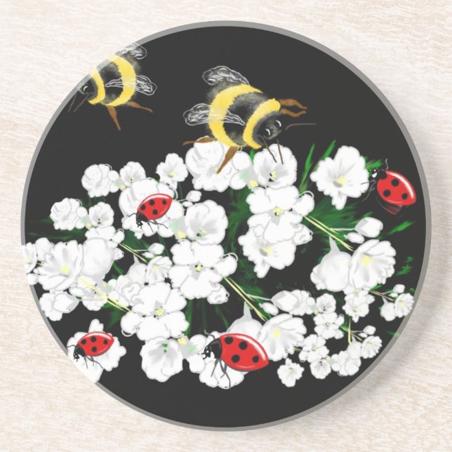 Dramatic Bees ladybugs and white flowers on black Coaster (Front)
