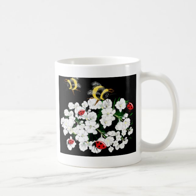 Dramatic Bees ladybugs and white flowers on black Coffee Mug (Right)