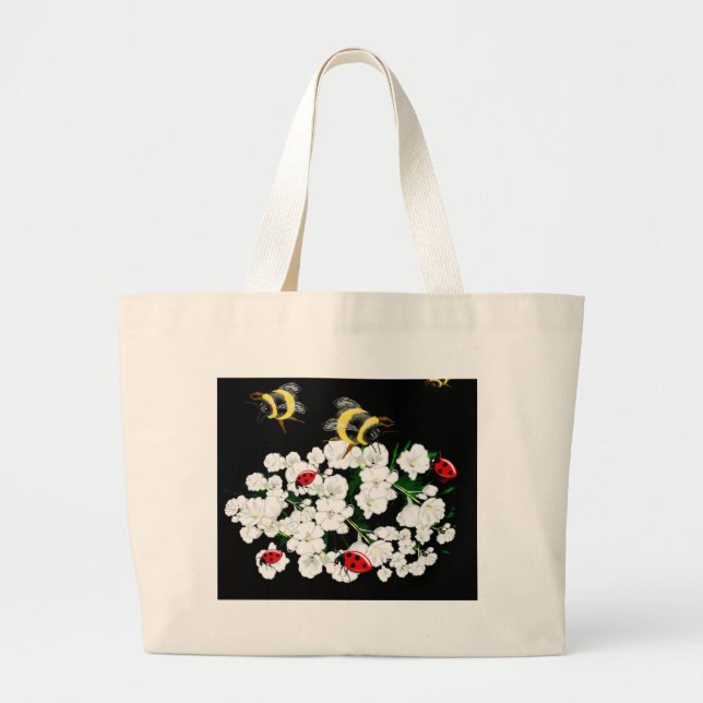 Dramatic Bees ladybugs and white flowers on black Large Tote Bag (Front)
