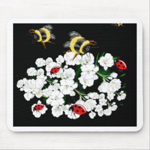 Dramatic Bees ladybugs and white flowers on black Mouse Mat