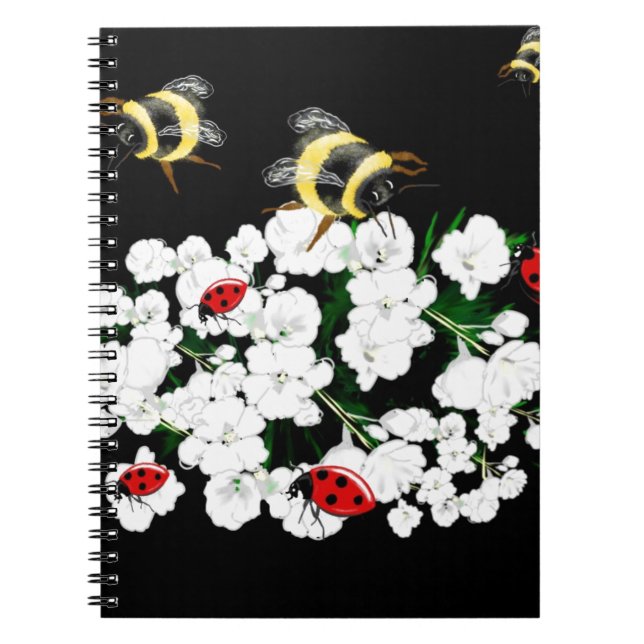 Dramatic Bees ladybugs and white flowers on black Notebook (Front)