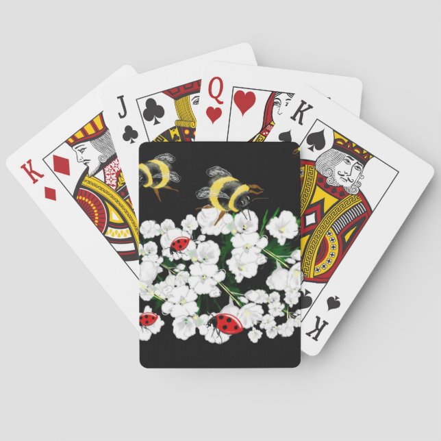 Dramatic Bees ladybugs and white flowers on black Playing Cards (Back)