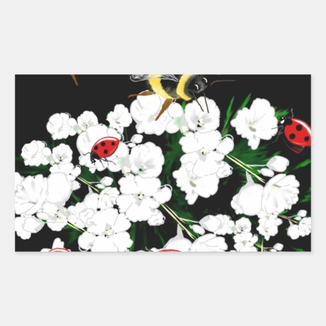 Dramatic Bees ladybugs and white flowers on black Rectangular Sticker (Front)