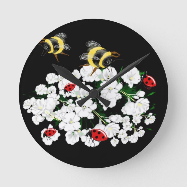 Dramatic Bees ladybugs and white flowers on black Round Clock (Front)