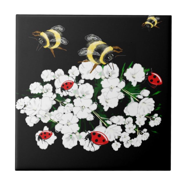 Dramatic Bees ladybugs and white flowers on black Tile (Front)