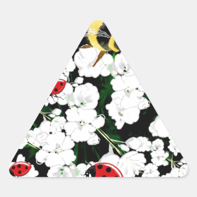 Dramatic Bees ladybugs and white flowers on black Triangle Sticker (Front)