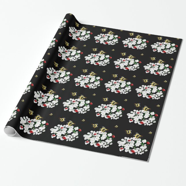 Dramatic Bees ladybugs and white flowers on black Wrapping Paper (Unrolled)
