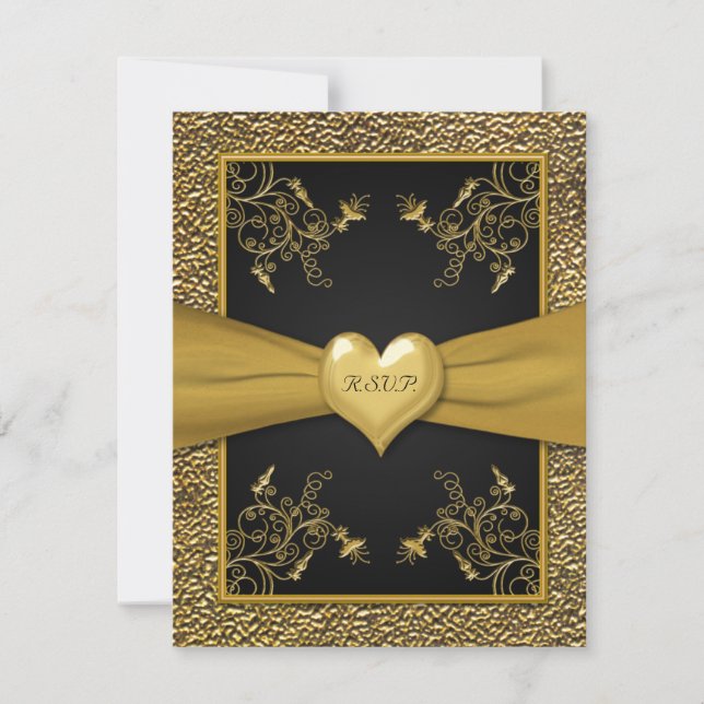 Dramatic Black and Gold Heart RSVP Card (Front)