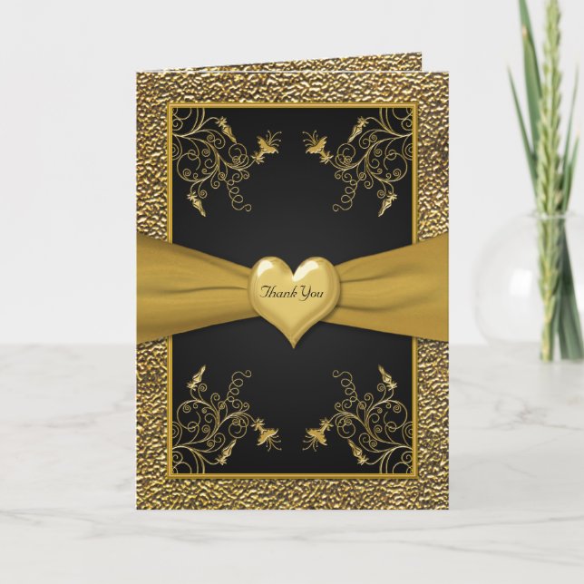 Dramatic Black and Gold Heart Thank You Card (Front)