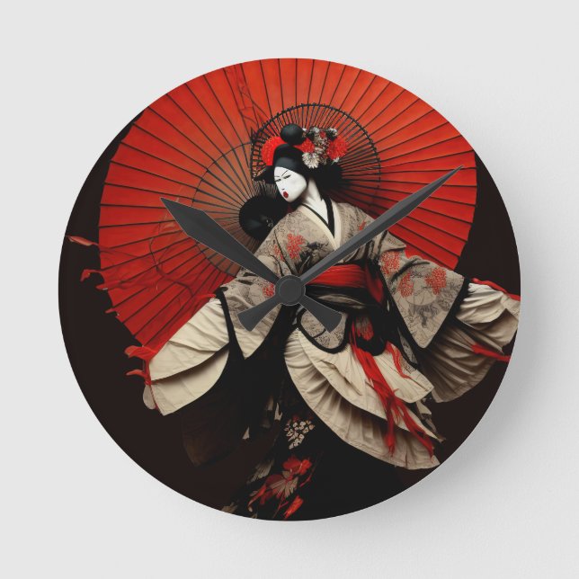 Dramatic Black and Red Kabuki Theatre Round Clock (Front)