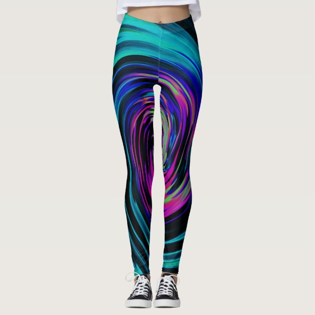 Dramatic Black and Turquoise Abstract Retro Twirl Leggings (Front)