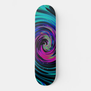 Dramatic Black and Turquoise Abstract Retro Twirl Skateboard