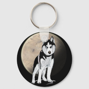 Dramatic Black and White Husky against Full Moon Key Ring