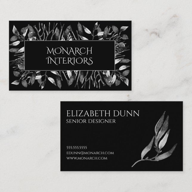 Dramatic Black and White Leaves Designer Business Card (Front/Back)
