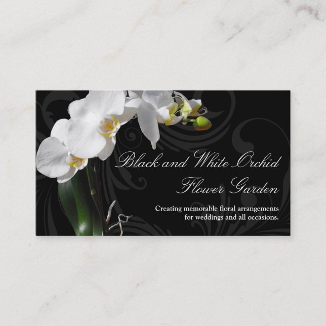 Dramatic Black and White Orchid Flower with Swirl Business Card (Front)