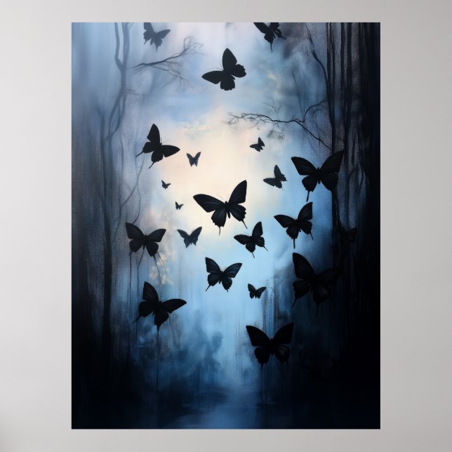 Dramatic Black Butterflies Blue Sky Abstract Art Poster (Front)
