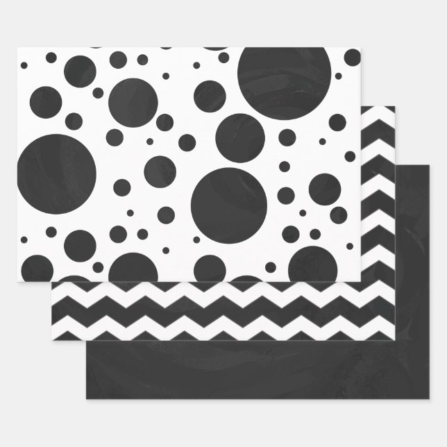Dramatic Black Colour Coordinated Patterns Wrapping Paper Sheet (Set)