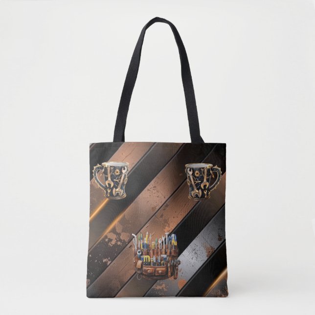 Dramatic Black & Copper Tool Mug Shoulder Tote (Front)