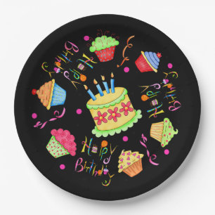 Dramatic Black Cupcakes and Cake Happy Birthday Paper Plate