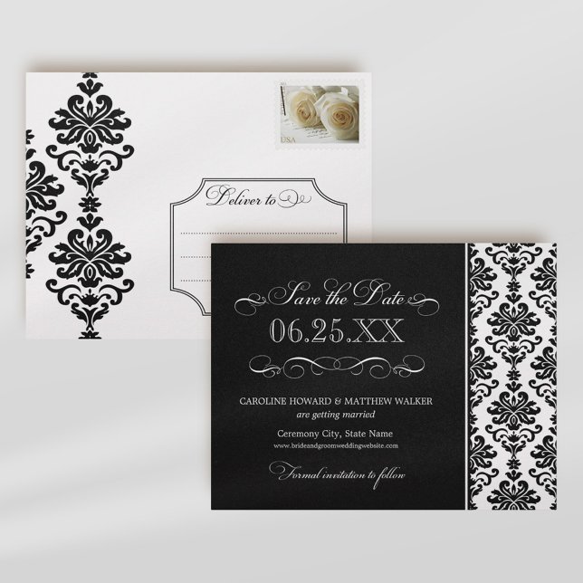 Dramatic Black Damask Scrollwork Wedding Announcement Postcard (Creator Uploaded)
