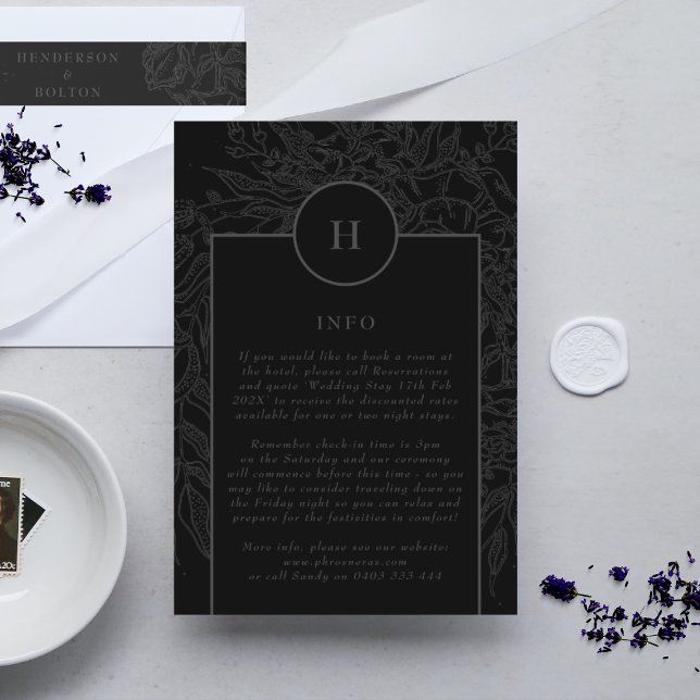 Dramatic Black Elegant Monogram Floral Wreath Enclosure Card (DETAILS showcasing suite - additional items (bought separately))