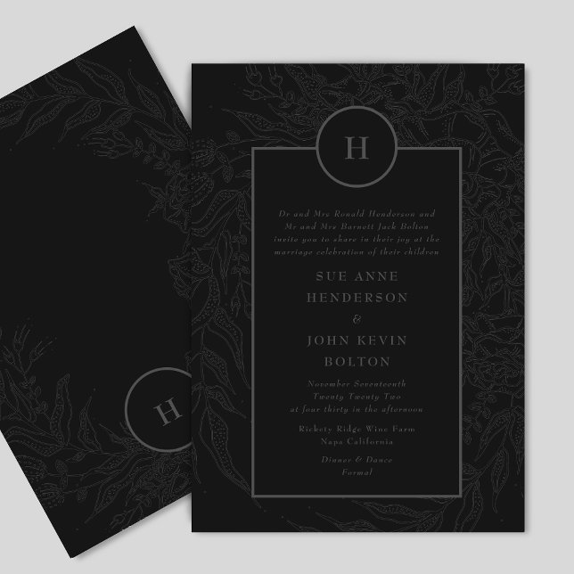 Dramatic Black Elegant Monogram Floral Wreath Invitation (Creator Uploaded)