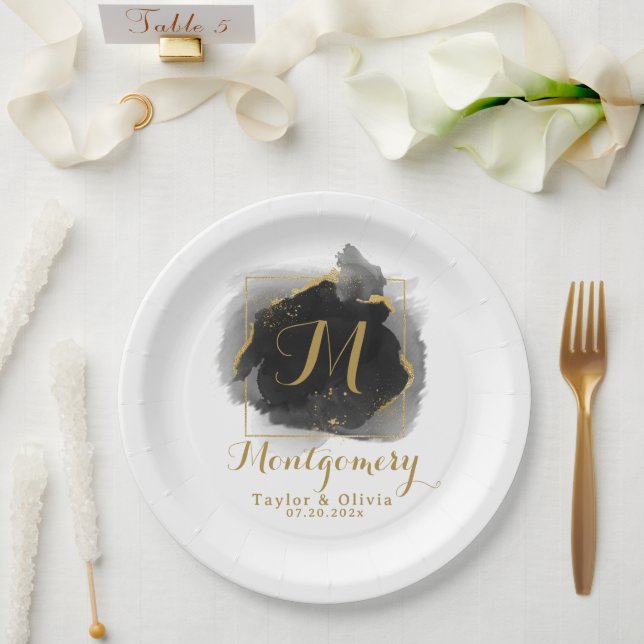 Dramatic Black & Gold Wedding Monogram Paper Plate (Wedding)
