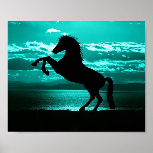 Dramatic Black Horse Teal Sky Peaceful  Poster (Front)