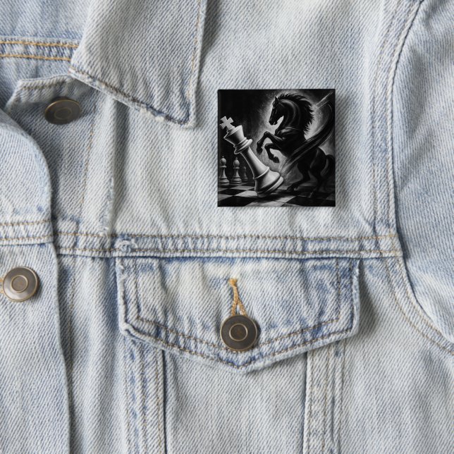 Dramatic Black Horse vs. King – Bold Chess Artwork 15 Cm Square Badge (In Situ)