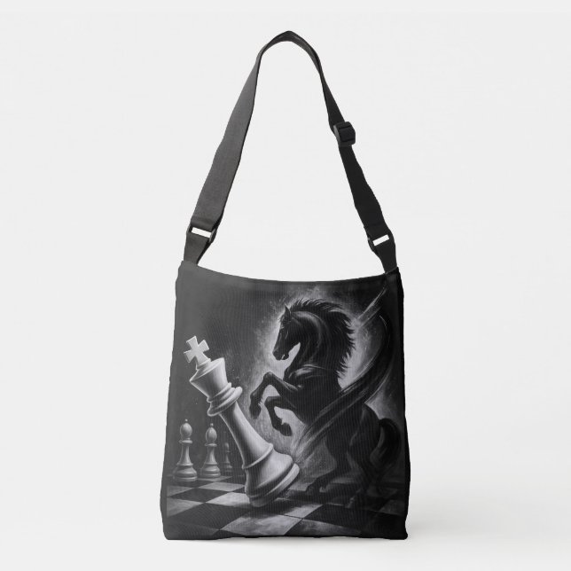 Dramatic Black Horse vs. King – Bold Chess Artwork Crossbody Bag (Front)
