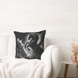 Dramatic Black Horse vs. King – Bold Chess Artwork Cushion