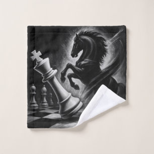Dramatic Black Horse vs. King – Bold Chess Artwork Wash Cloth