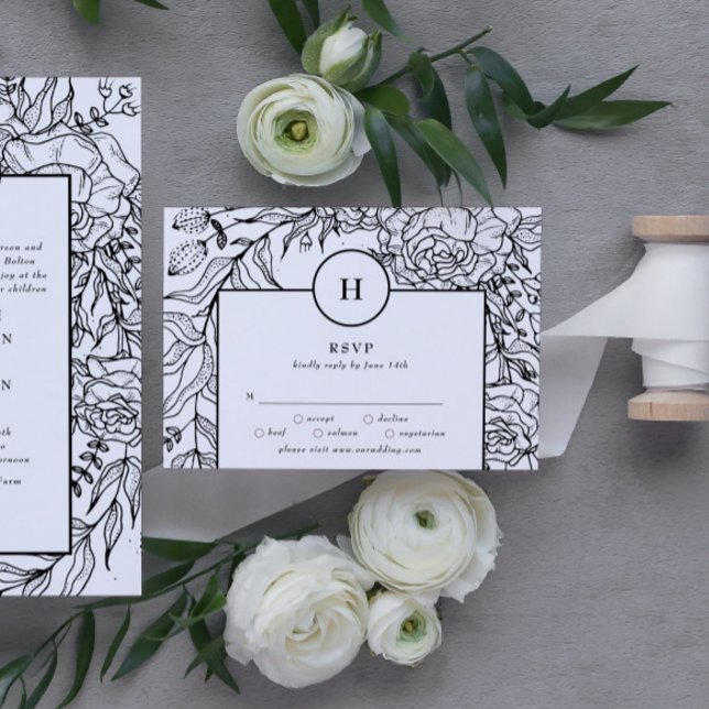 Dramatic Black Monogram Wreath Wedding RSVP Card (RSVP showcasing suite - additional items (bought separately))