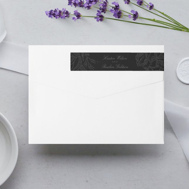 Dramatic Black on Black Floral Wreath Wedding Wrap Around Label (Creator Uploaded)