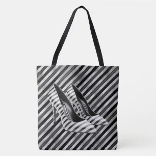 Dramatic Black Stripe Shoe Large Shoulder Tote