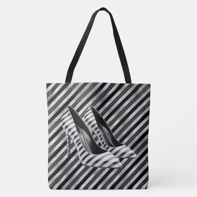 Dramatic Black Stripe Shoe Large Shoulder Tote (Front)
