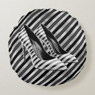 Dramatic Black Stripe Shoe Round Throw Pillow