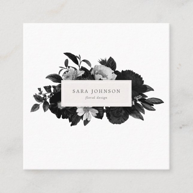 Dramatic Black White Autumn Floral Classic Design Square Business Card (Front)