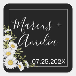 Dramatic Black & White Daisies Wedding Square Sticker