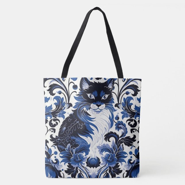 Dramatic Blue Art Deco Cat Large Shoulder Tote (Front)