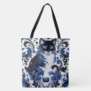 Dramatic Blue Deco Cat Large Shoulder Tote