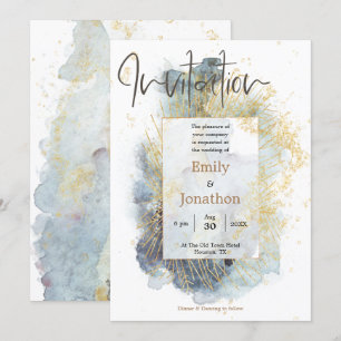 Dramatic Blue Ombre Watercolor Gold Lines Wedding Invitation