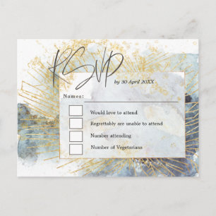 Dramatic Blue Ombre Watercolors Gold Wedding RSVP Postcard