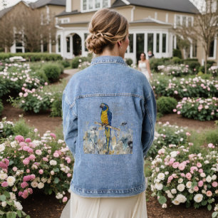 Dramatic Blue Throated Handpainted Macaw Denim Jacket