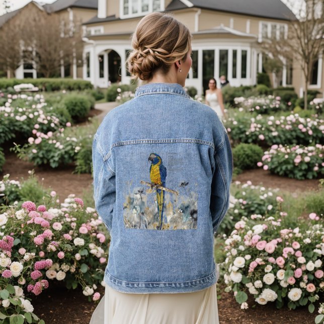 Dramatic Blue Throated Handpainted Macaw Denim Jacket (Wedding Back)
